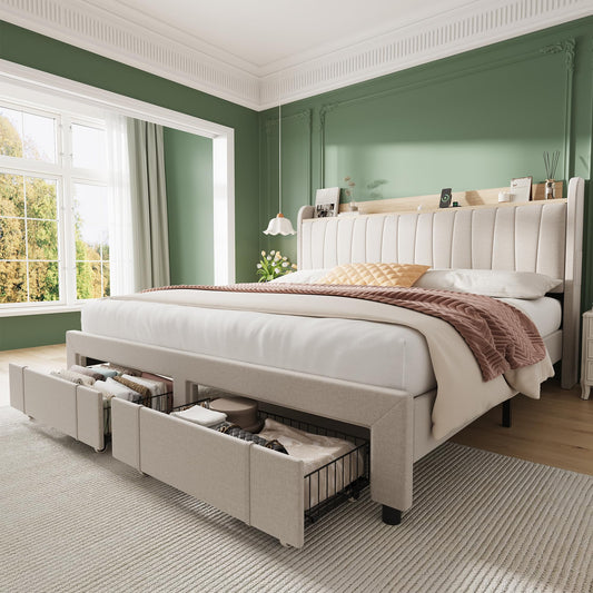 Garvee Upholstered Bed Frame King Size with Storage Headboard and Charging Station, Platform Bed Frame with Drawers, Heavy Duty, No Box Spring Needed, Easy Assembly, Beige