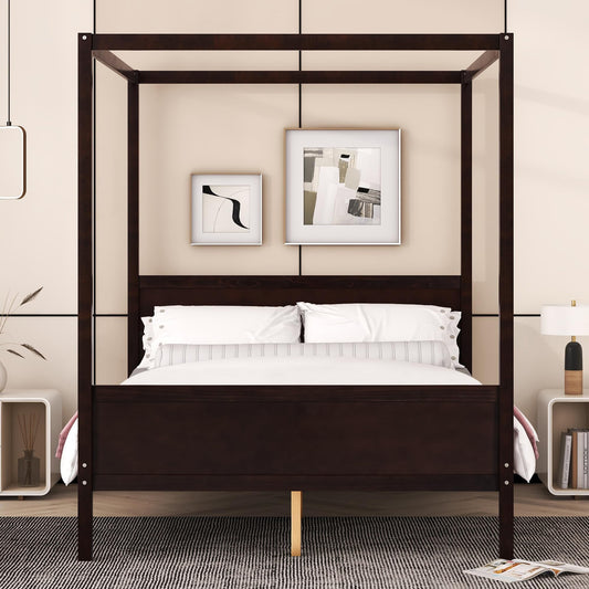 Merax Queen Size Canopy Bed with Headboard and Footboard, Solid Wood 4 Posters Platform Bed with Slat Support Leg, No Box Spring Needed, Espresso