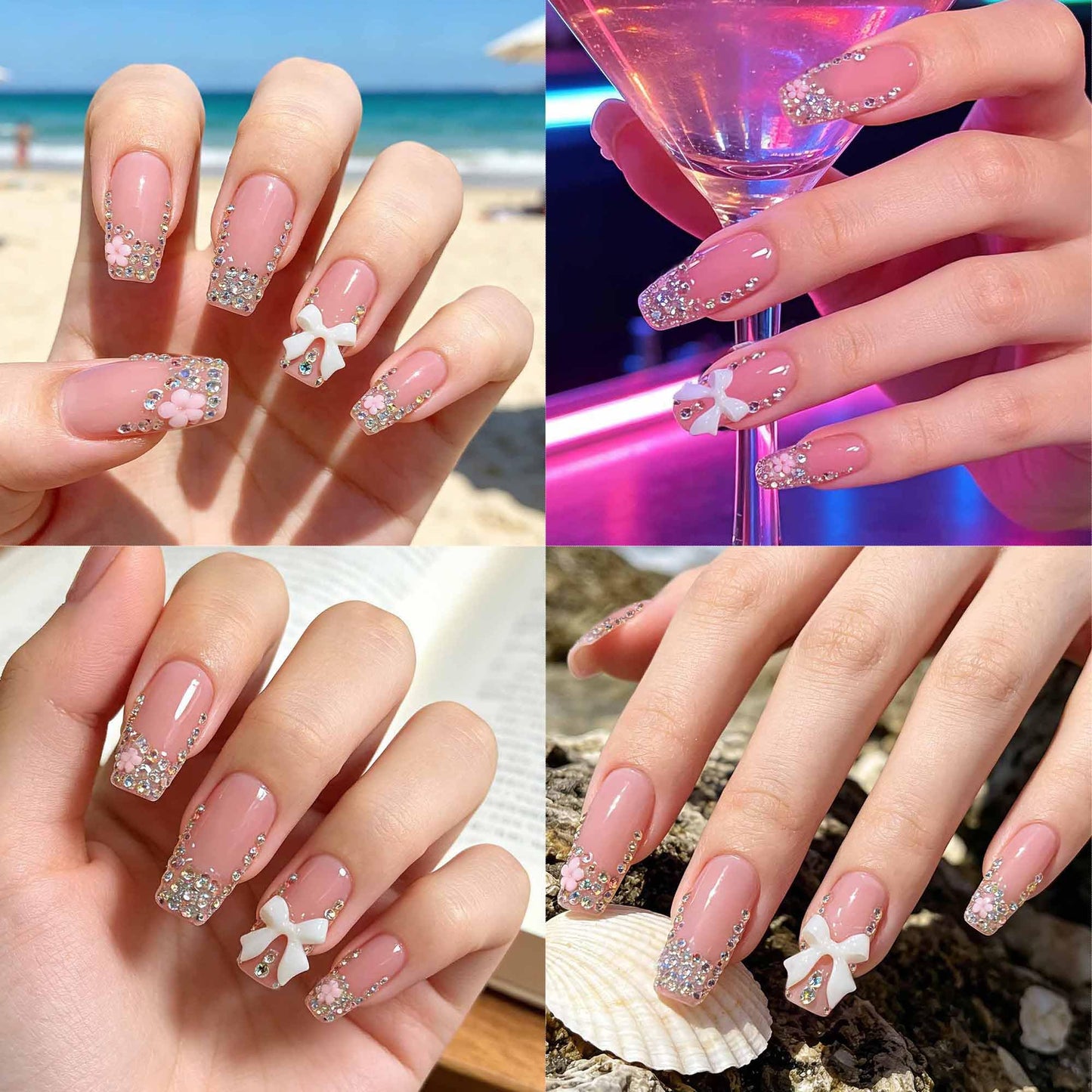 TENPAL Handmade French Tip Press on Nails Medium Coffin 3D Bow Rhinestone Glitter Pink Cute Sweet Girly Reusable Daily Wear Salon Acrylic False Nails 10PCS(M)