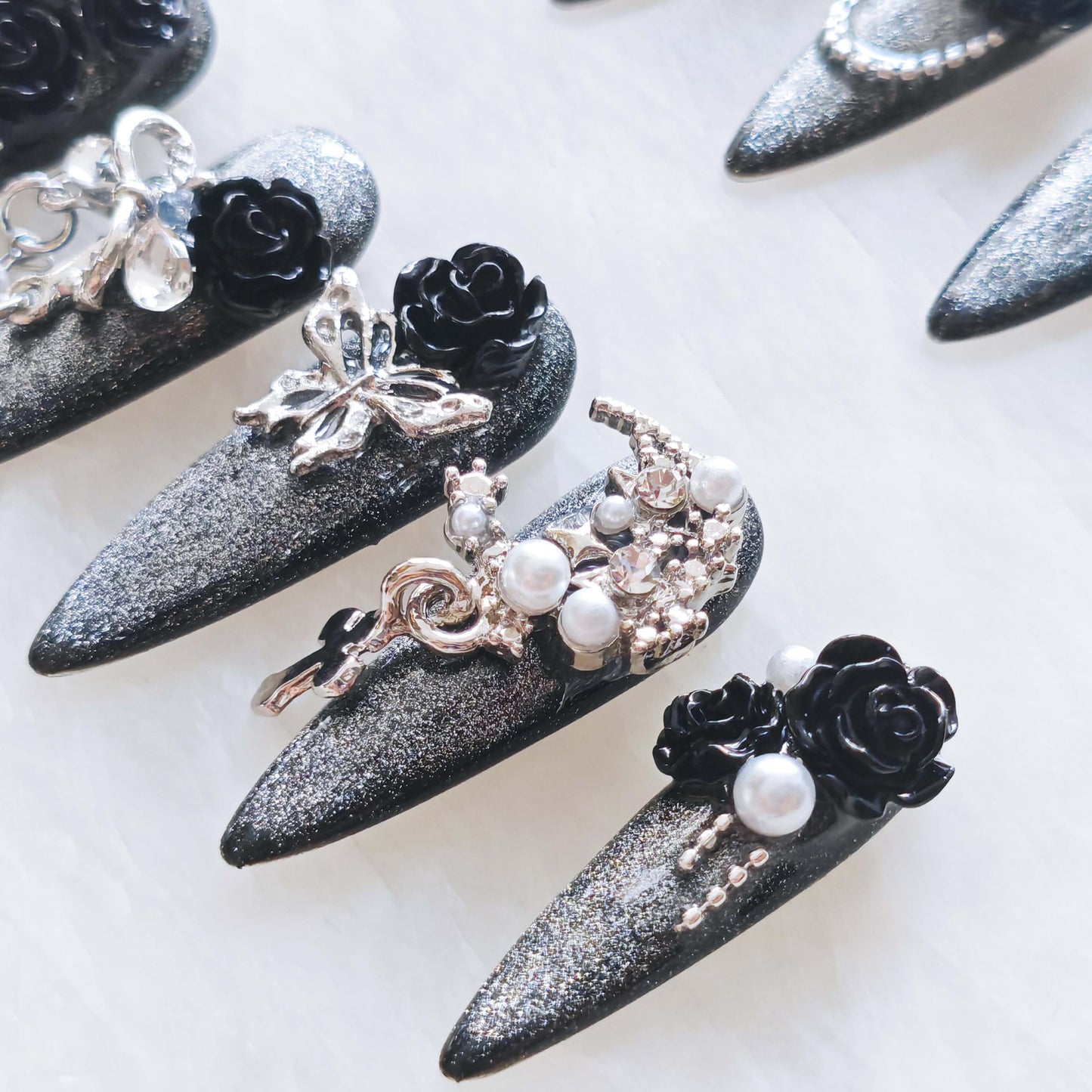 GLORS Luxury Long Stiletto Press-On Nails, 3D Black Roses with Silver Glitter, Pearl and Rhinestone Decorations, Handmade False Nail 10 Pieces (Medium, LS)