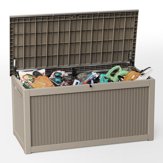 Trygoal 260 Gallon Deck Box, Waterproof Resin Outdoor Storage Box Lockable for Patio Furniture, Fade Resistant Patio Side Table & Organizer for Garden Tools, Pool Float, Outdoor Cushions, Light Coffee