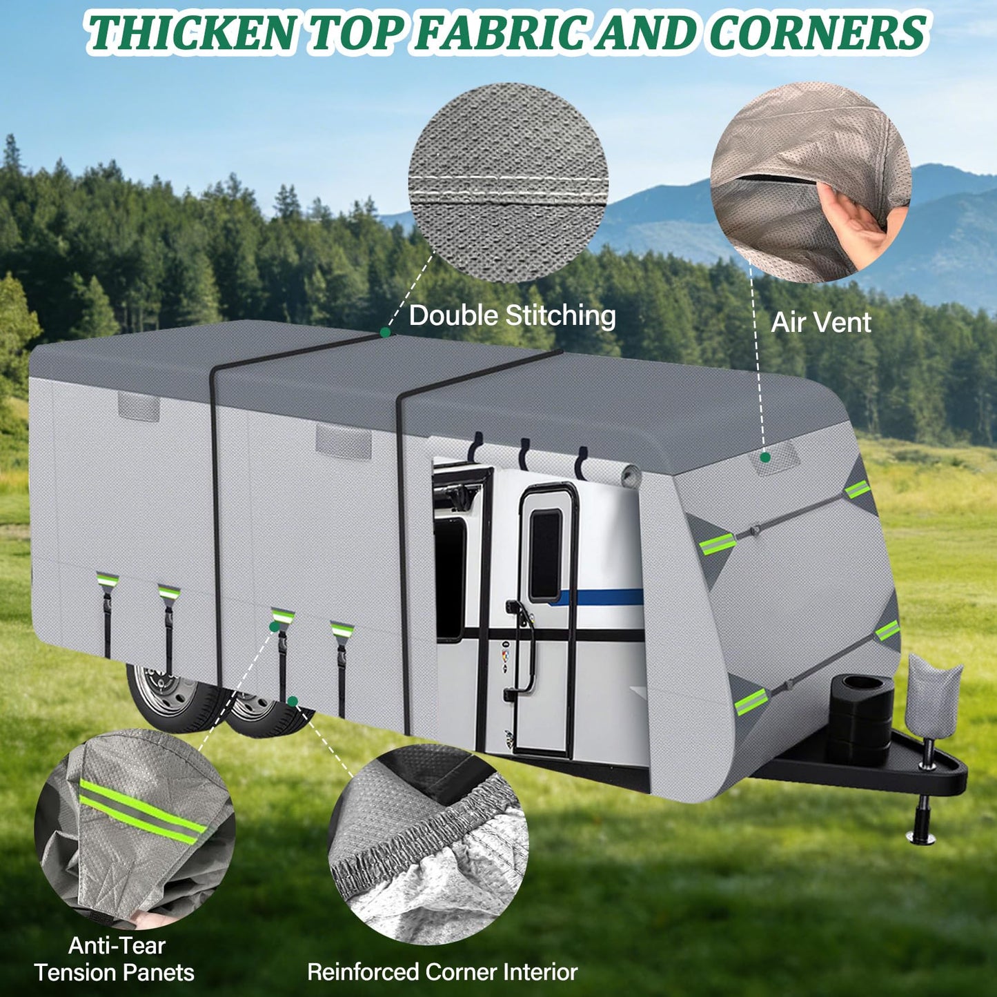 2026 RV Cover Fits 27-30ft Travel Trailer, Lightweight Waterproof Camper Cover with Tire Covers, Tongne Jack Caps, Windproof Straps Winter Campsite,All-Weather Protection