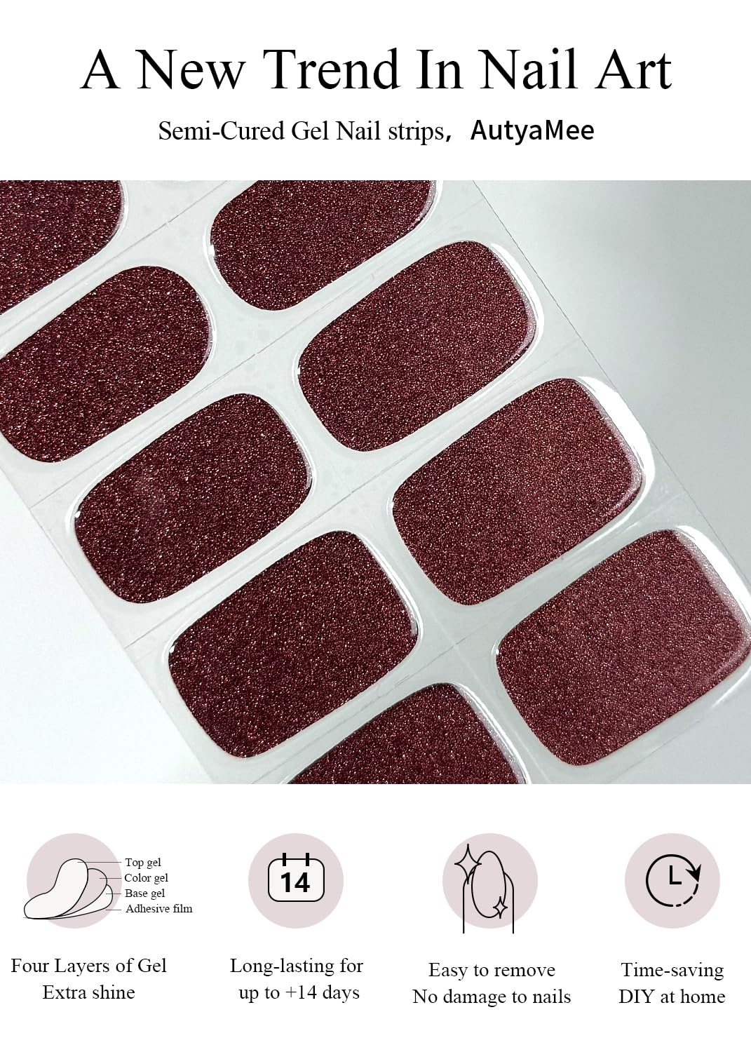 AutyaMee Semi Cured Gel Nail Strips (Glitter Umber), 20 Pcs Deep Brown Gel Nail Wraps, Stickers, Salon Quality, Brown, Works with Any UV Lamps