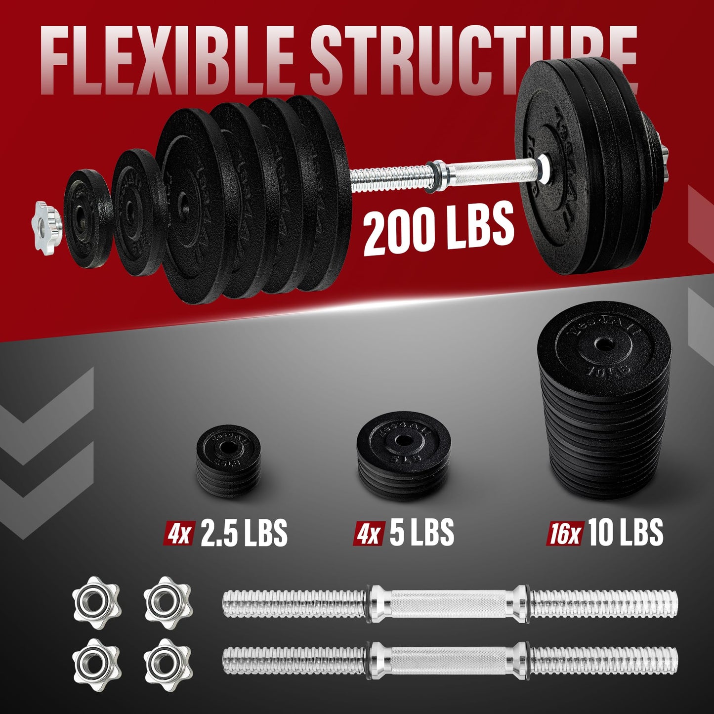 Yes4All 200 LB Adjustable Dumbbell Set, Cast Iron Weights for Home Gym with Bars, Plates, Collars, Hand Weights Dumbbells Set