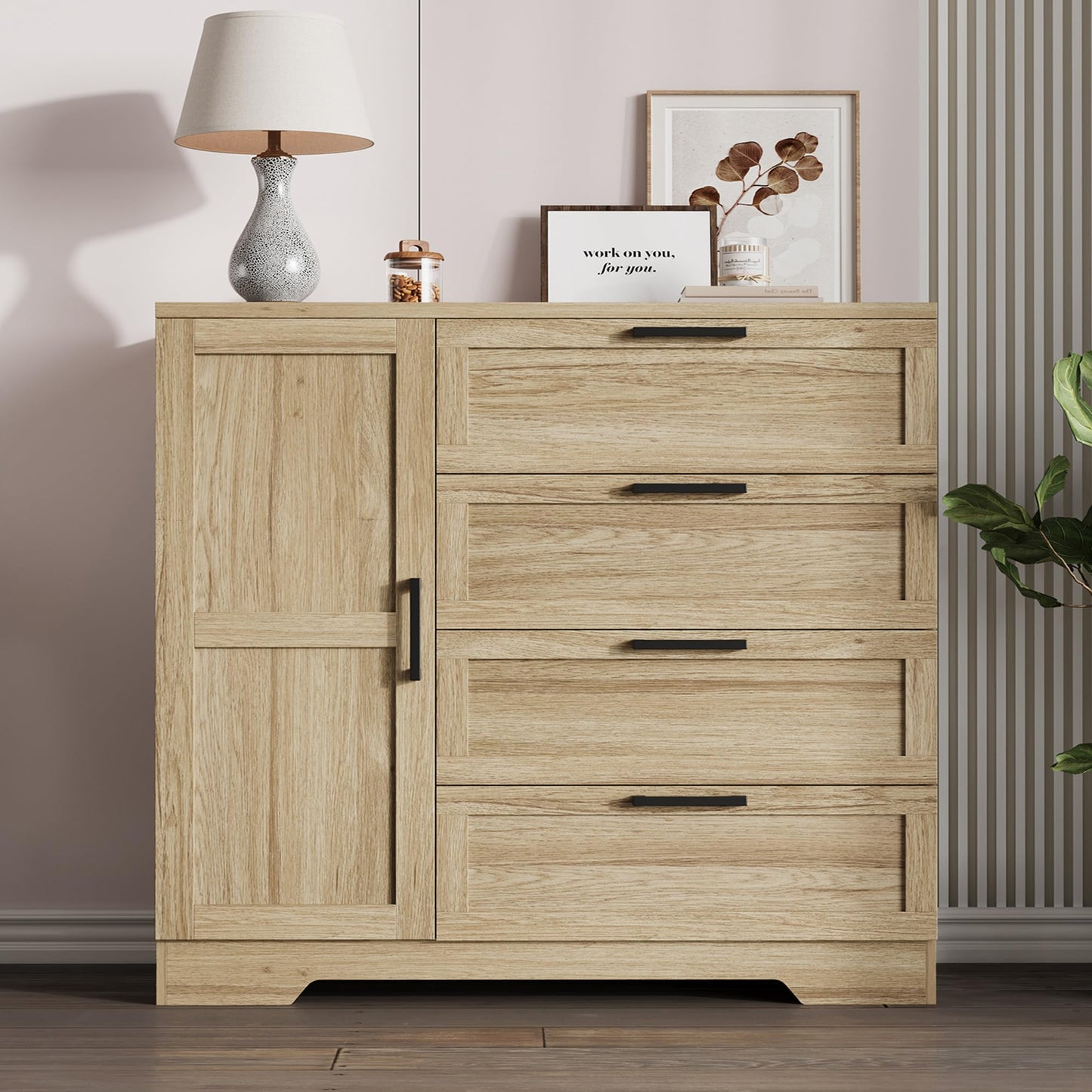 IDEALHOUSE 43.3'' H Armoire Wardrobe Closet with 4 Drawers and Hanging Rod, Multifunctional Wood 4 Drawers Dresser with Storage Closet, Clothing Storage Cabinets for Bedroom, Natural Oak