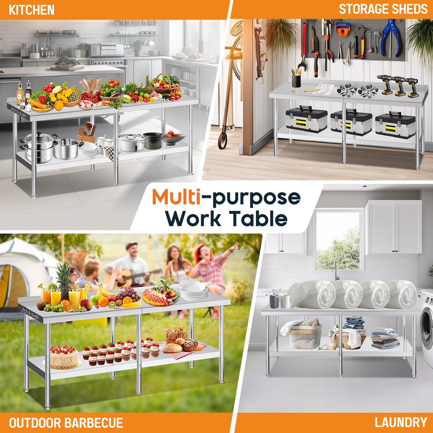 Jocisland 30" x 82" Stainless Steel Table for Prep & Work, NSF Certified with Backsplash, Adjustable Under Shelf & Safe Design for Restaurant, Home and Outdoor