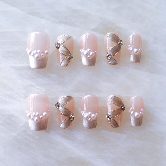 GLORS Press-on False Nails, medium ballerina Cat Eye Silk Ribbon with French Manicure, Glitter Finish, Pink/White Ombre, 10 Pieces (Small, MB)