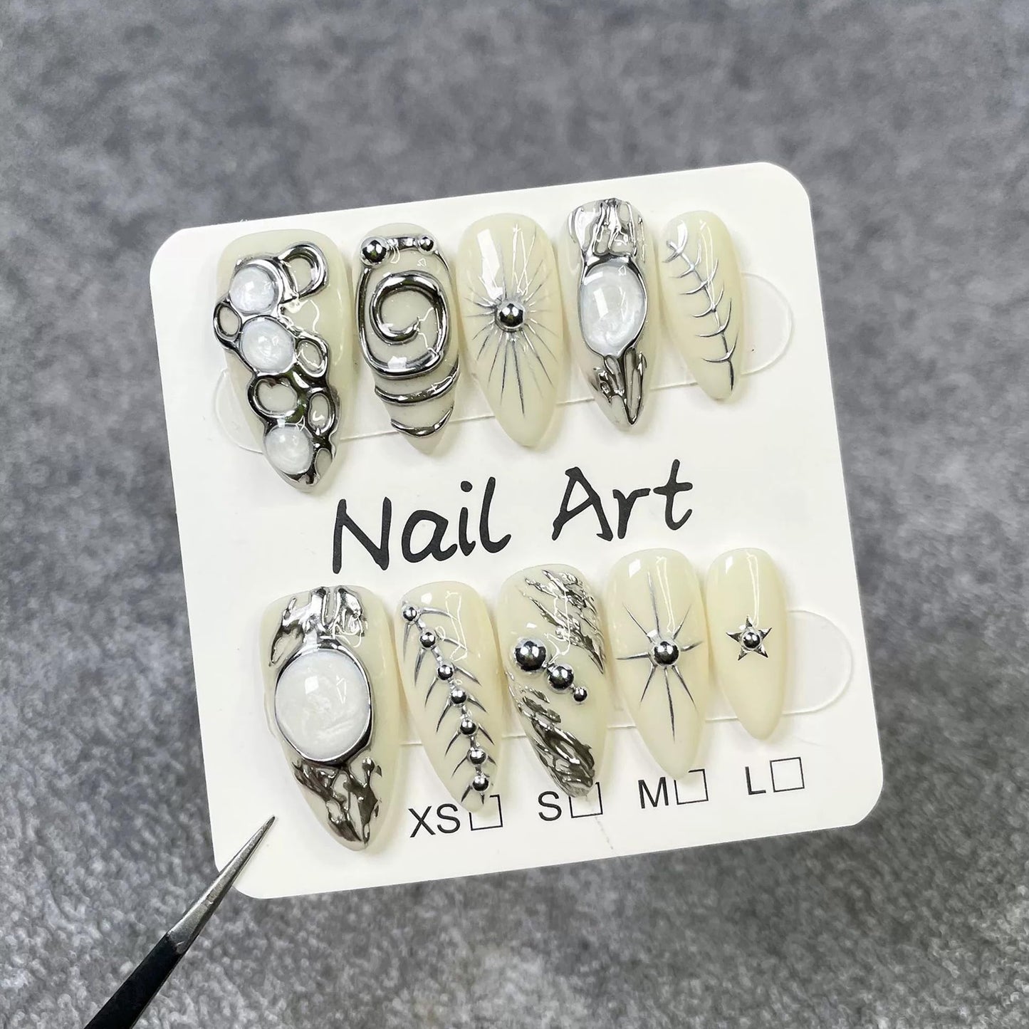 10Pcs Almond Press on Nails Handmade Short Fake Nails with Metallic Silver Design Hand-Painted 3D Art & Round Cat Eye False Nails Press ons Sparkly Reusable Acrylic Stick on Nail for Women (Size M)