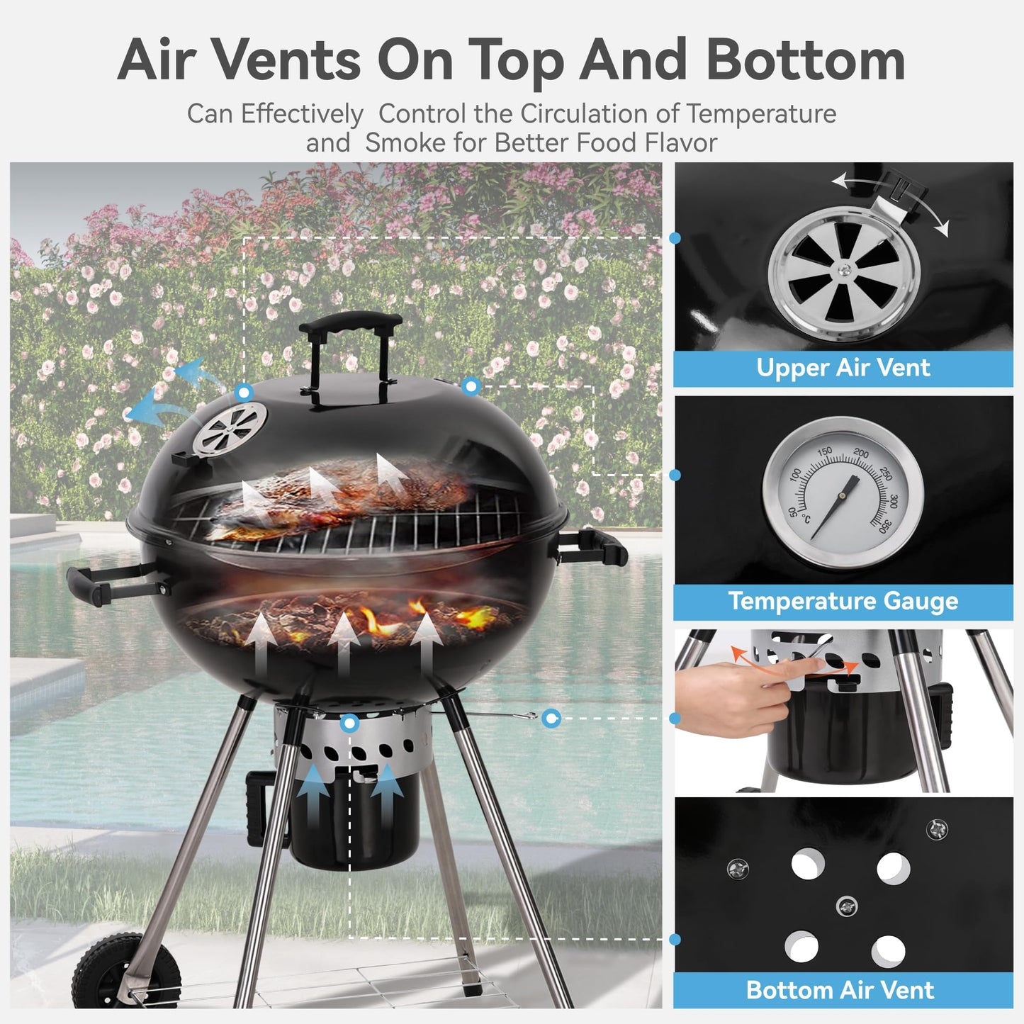 GREEN PARTY 22 inch Kettle Charcoal BBQ Grill with Wheels, Portable Charcoal Grill with Porcelain-Enameled Lid & Ash Catcher for Outdoor Cooking Barbecue Camping Picnics Tailgating, Black