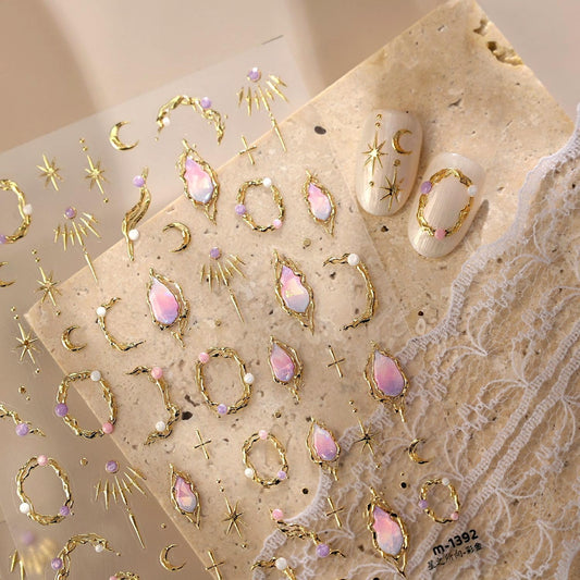 5D Embossed Gold Nail Stickers for Nail Art Moon Star Nail Art Stickers with Pearl Design Pink Gemstone Nail Decals Moon Nail Design Supplies for Women Girls