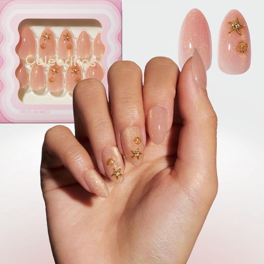 Celebritips Nail Art Press-Ons | Short Almond Nails, Reusable | 16 sizes - 32 Nails Kit with Super-hold Nail Glue and Sticky Tabs (Golden Water Fairy)