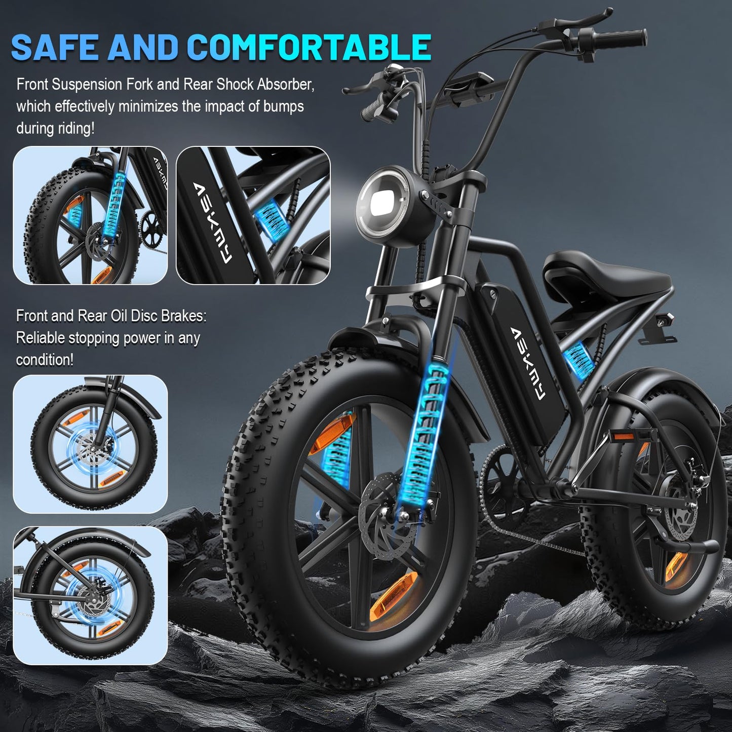 RPINT Electric Mountain Bike with 1500W Peak Motor Ebike, 28MPH and 40-60 Miles PAS Range, Electric Bicycles with 48V 15Ah Removable Battery, 20" Fat Tire Dirt E Bike for All-Terrain