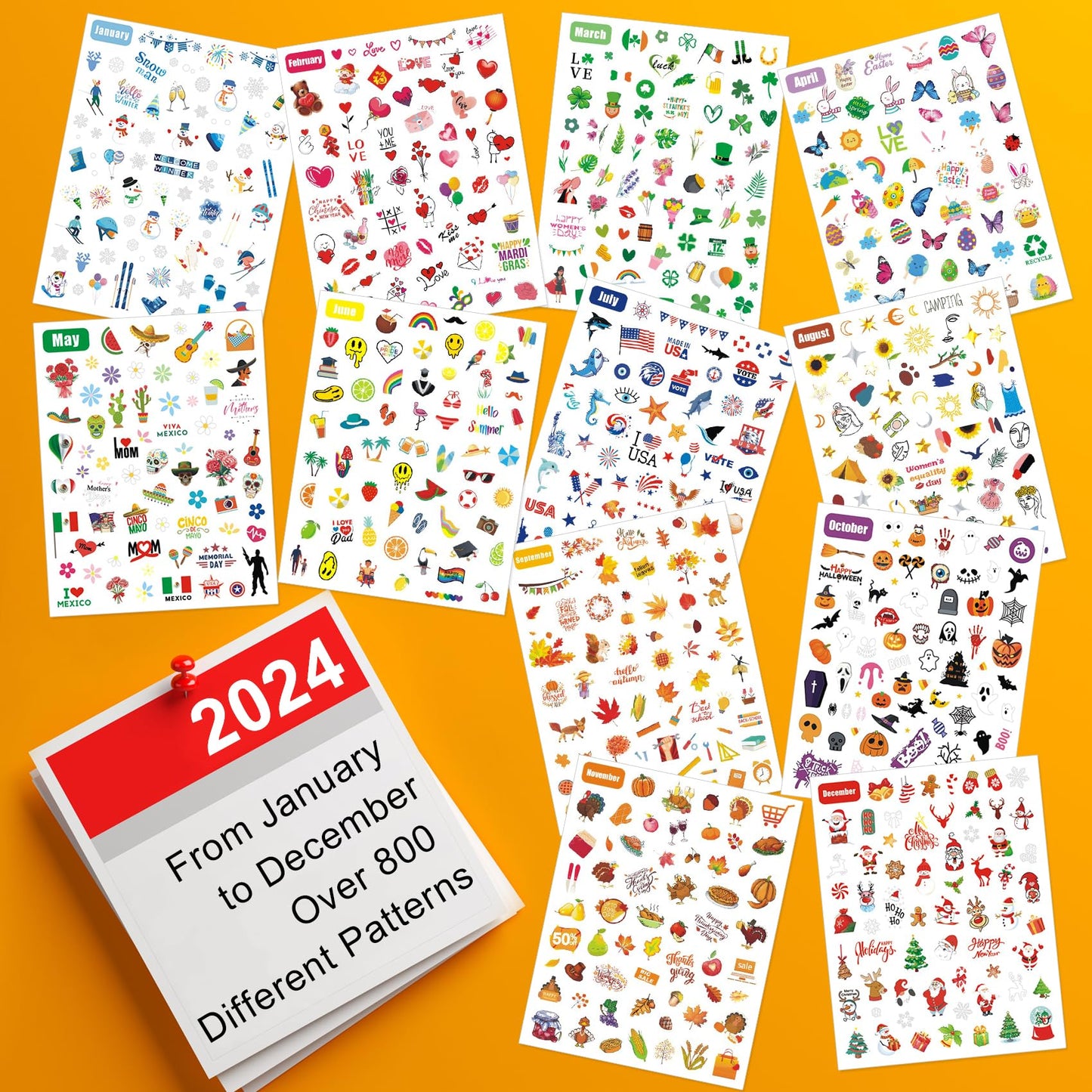 IDDFEVE 12 Months All Holiday Nail Stickers, 24 Sheets Seasonal Variety Pack 2 Pcs Per Month DIY Nail Art, Self-Adhesive Pegatinas Uñas for a Year of Halloween Christmas Thanksgiving&Valentine’s Day