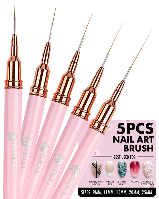 TOYZOS Thin Nail Art Brush Set - Professional Detailing Liner Brushes with Rose Gold Accents for Intricate Nail Art Designs, Pink Handles, Precision Tips & Long-Lasting Bristles (5 Different Sizes)