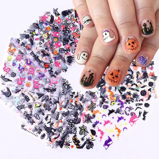 24 Sheets Halloween Nail Art Stickers 3D Self-Adhesive Nail Decals Ghost Pumpkin Bat Cat Skull Nail Designs Sticker Spooky Witch Spider Ghost Nail Stickers for Women Girls Acrylic Manicure Supplies