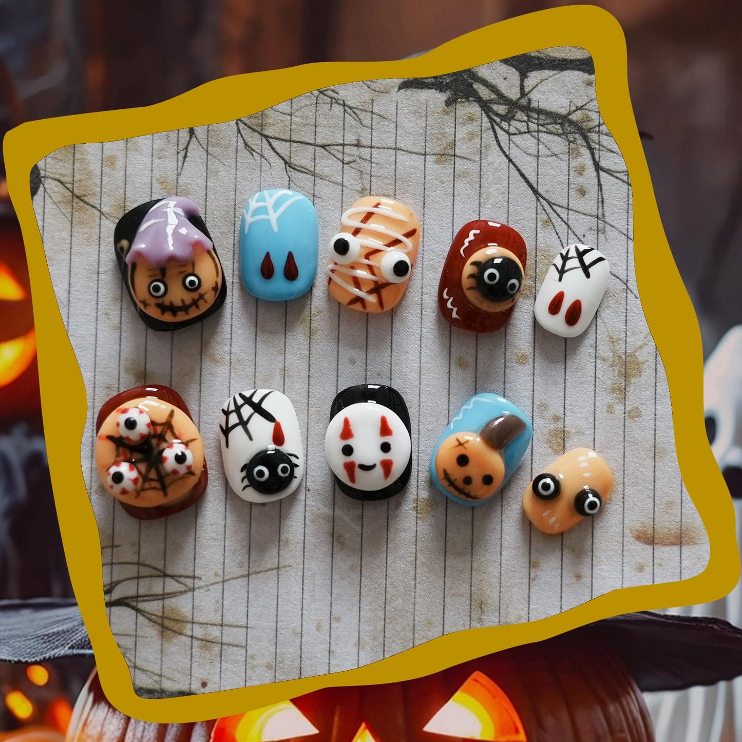 Handmade Kawaii 3D Embossed Press on Nails Short Round - Colorful Cute Character Art, Luxury Pop Art Aesthetic False Nails (Cute Ghost Party,S)