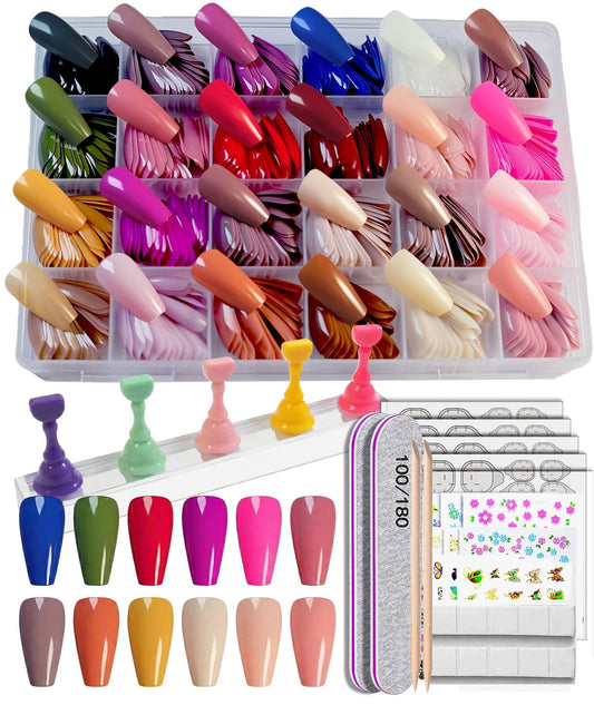 whisrvival 576 Pcs Medium Coffin Press on Nails, 24 Colors Glossy False Nails Full Cover Fake Nail Tips with 5 Nail Stands & 30 Nail Stickers for DIY Nail Art Practice & Daily Wear