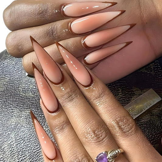 MISUD Press on Nails - Long Stiletto Fake Nails with Fall Acrylic Brown Ombre Design 24 pcs