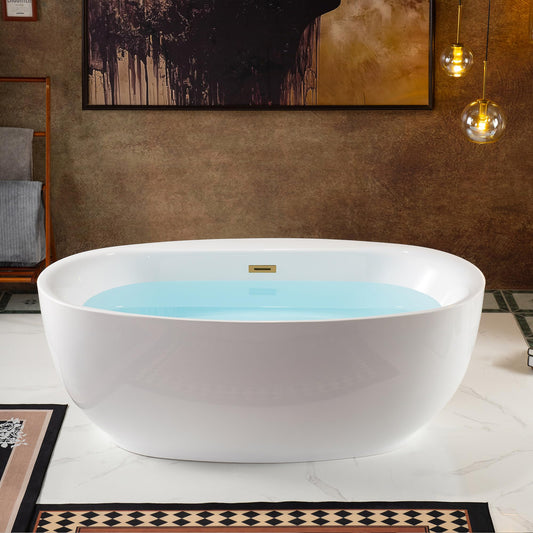 WOODBRIDGE 66" Acrylic Freestanding Bathtub Contemporary Soaking White Tub with Brushed Gold Overflow and Drain，B0027-BG