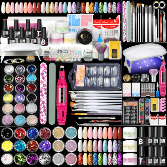 COSCELIA Acrylic Nail Kit for Beginners with Everything Professional Acrylics Powder 6pcs Gel Nail Polish 18pcs Glitter Decoration Powder Nails Kit Acrylic Set with Drill Light Gifts for Women