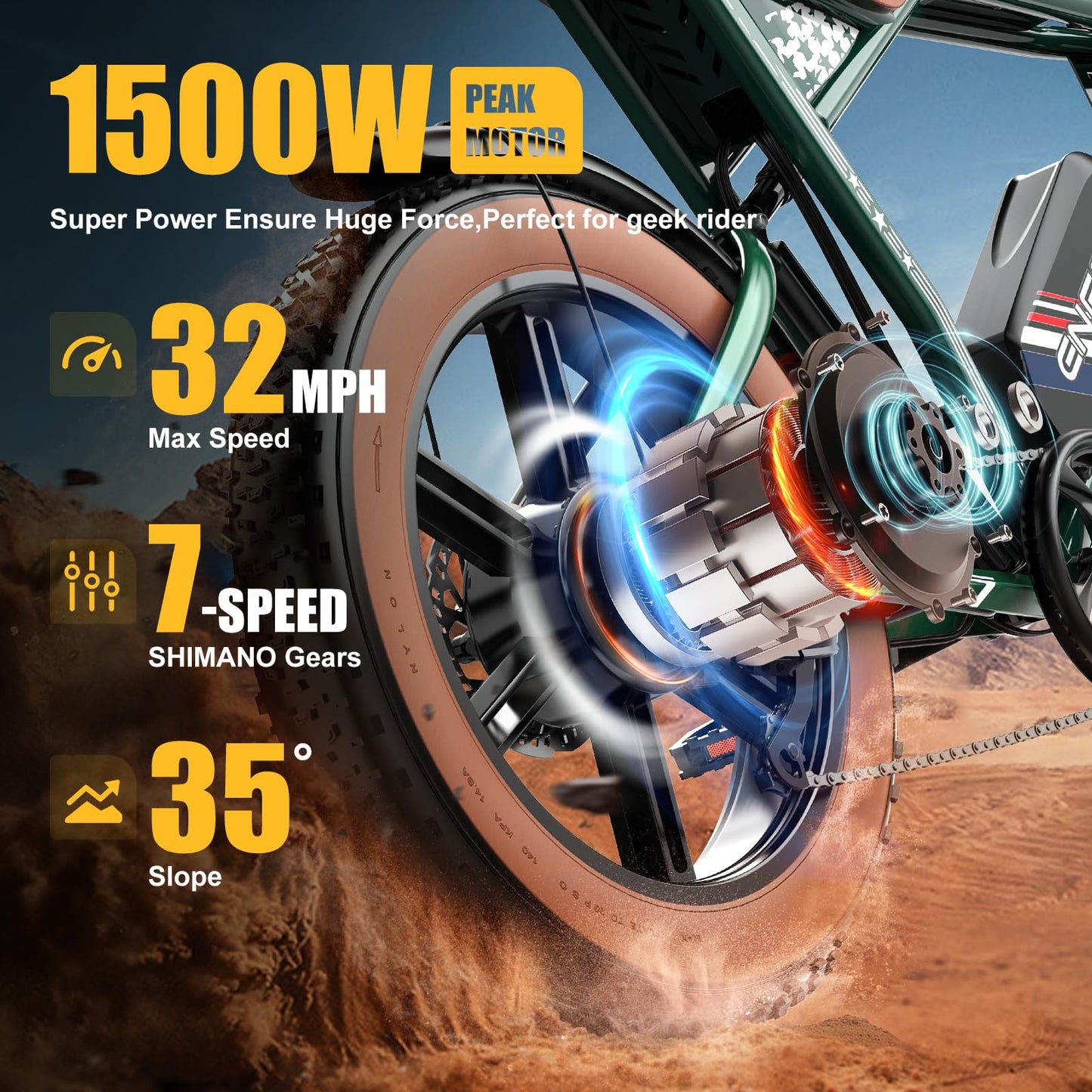 ES2 Ultra Off Road Electric Bike, 22.5 Ah Super Battery Full Suspension Ebike, 92NM Torque Super Power Hydraulics Ebike, Up to 32MPH and 100 Miles, 7-Speed 20" Fat Tire All Terrain Electric Bike