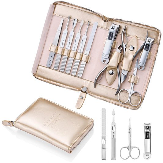 Makartt Manicure Kit for Women: Manicure Set with Nail Clippers - 11 pcs Stainless Steel Women Men Grooming Gift Travel Nail Kkit with Portable Rosy Gold Leather Case