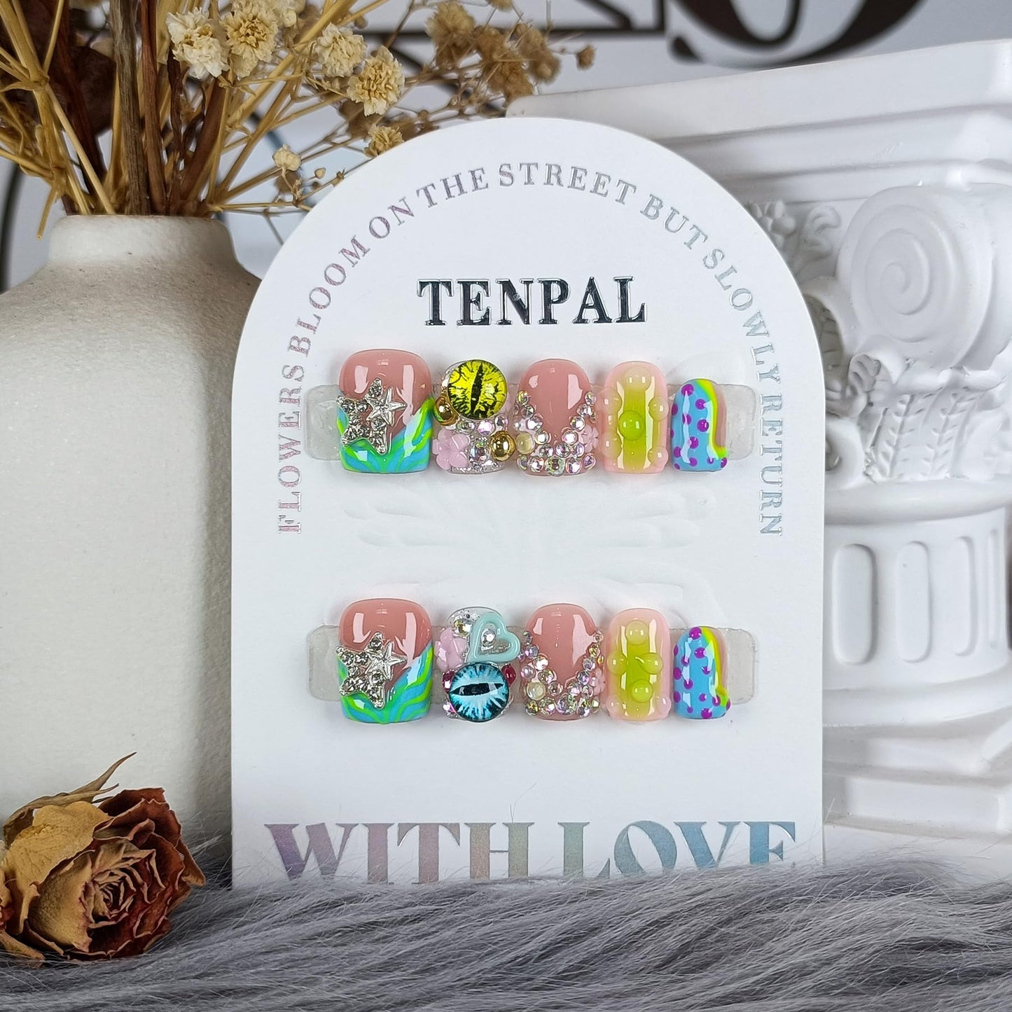 TENPAL V-Shape French Tips Square Nails,Acrylic Press on Nails with 10pcs Kit,Sweet Edgy Y2K Hand-Painted Art False Nails,Neon Yellow-Green Fake Nails with 3D Stars, Hearts, Rhinestones Flowers(S)