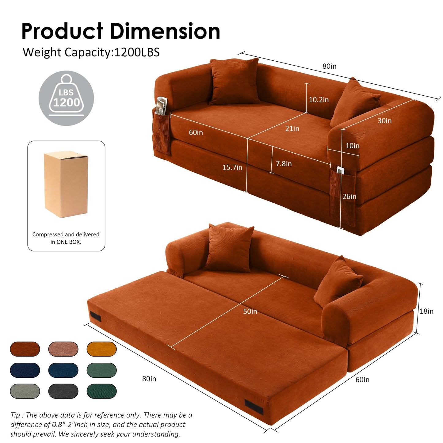 80" Convertible Sofa Bed, 3-in-1 Corduroy Folding Pull Out Couch with Pillows, No Assembly Modern Boneless Couch Compression Sofa in Box, Floor Sofa with Side Storage Pocket for Living Room, Orange