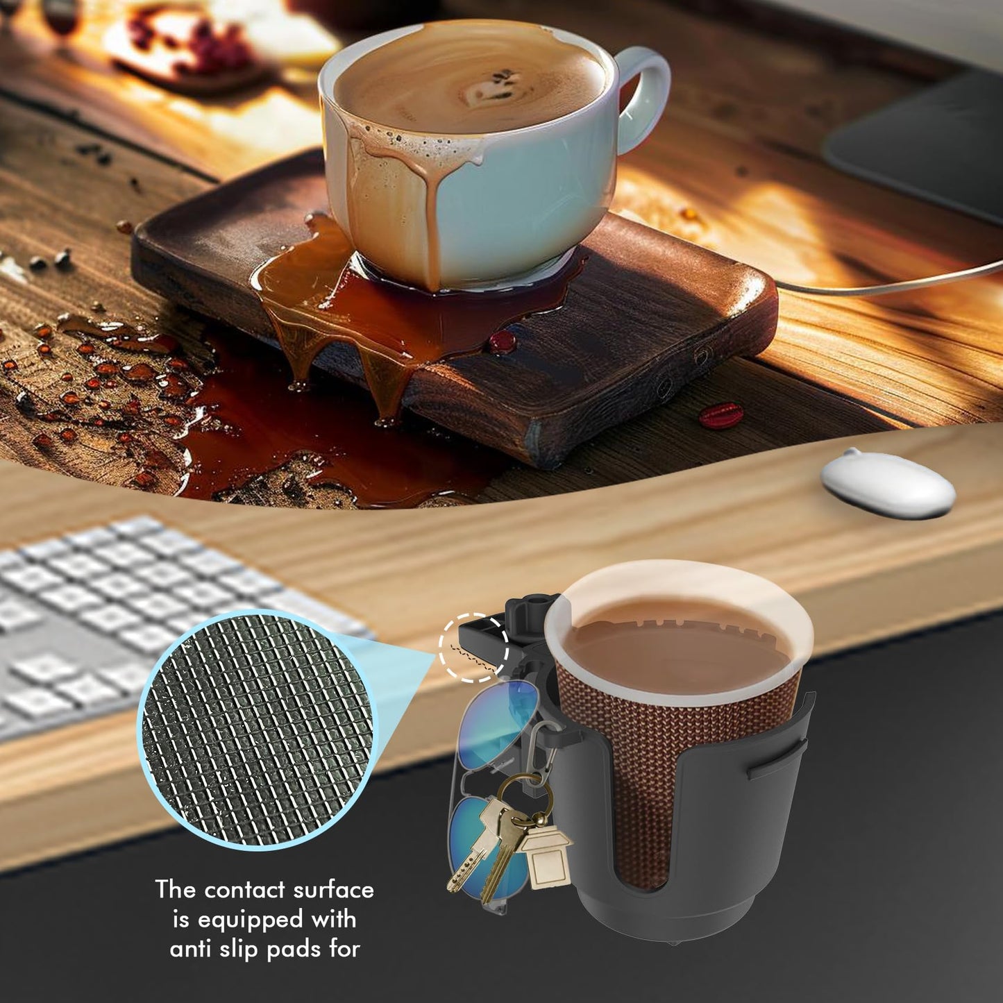 Desk Cup Holder with Spill-Proof Cup Design, Clip on Cup Holders for Desk, Table, Porch Swing, Patio Chair, Fits Maximum Diameter of 3/3.38 inches Bottles.(Black, Medium)