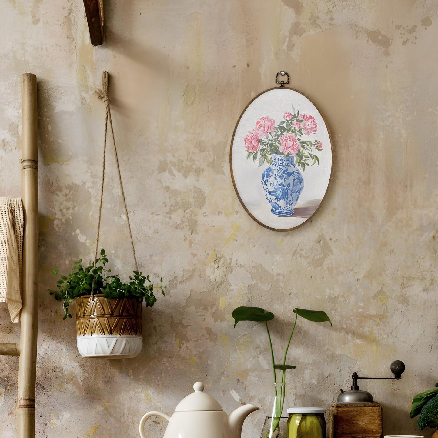 LKETW Chinoiserie Floral Oval Wall Art Decor, Blue and White Chinoiserie Porcelain Pink Flower Oval Canvas Hanging Decor, Grand Millenial Wall Decorations for Home Bedroom Office, 8.6x11.4 Inch