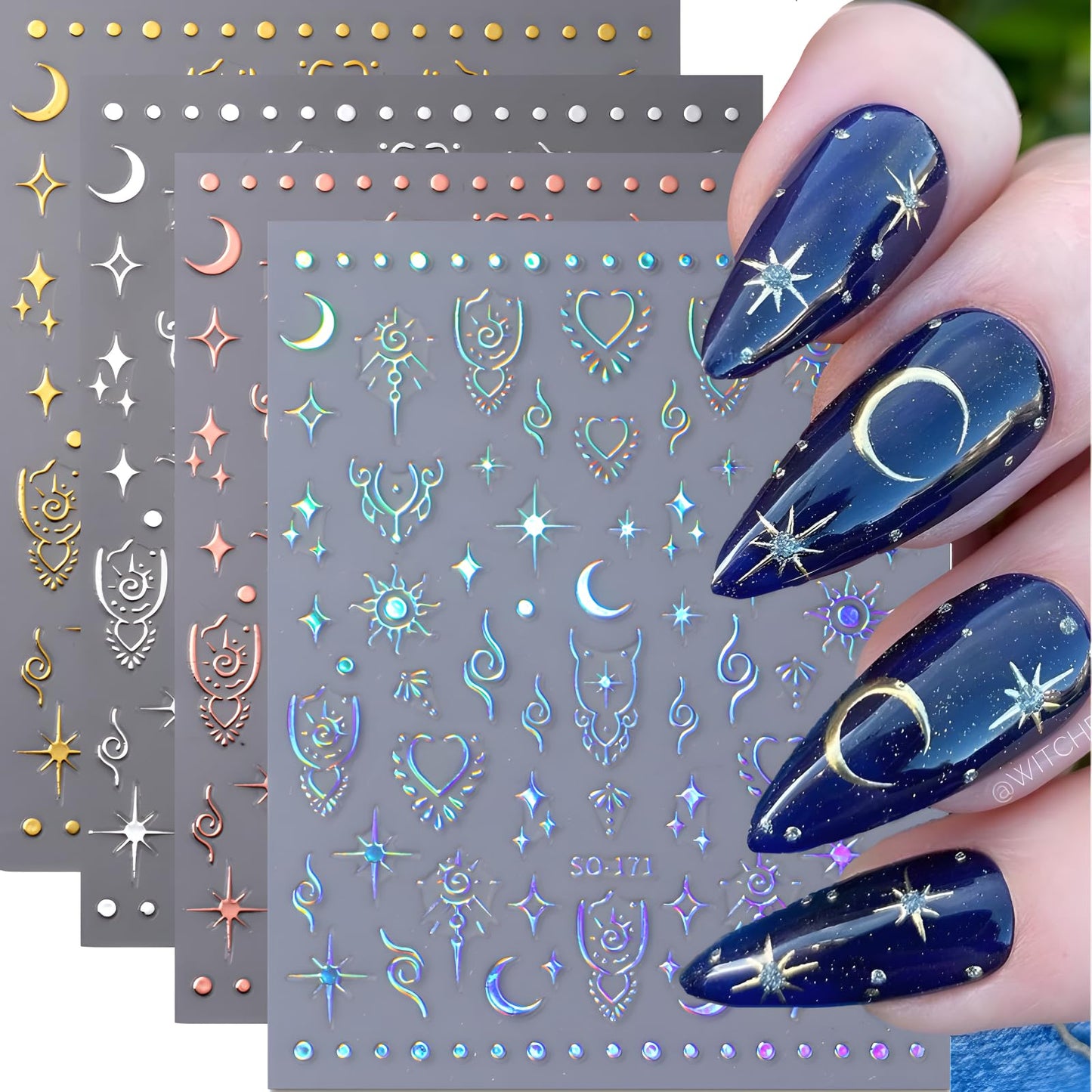 12 Sheets Moon Star Nail Stickers for Nail Art Aurora Silver Gold Nail Art Stickers Decals 3D Self Adhesive Star Nail Decals Aurora Silver Gold Nail Art Design Decoration Accessories for Women
