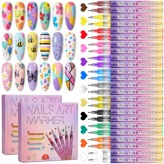 Biutee 12 Colors Nail Art Pens Set For Painting Nails, 0.5 mm Fine Tip Nail Art Markers, 3D Nail Polish Pens Quick Dry for Dotting Drawing Painting Liner for Home and Salon Manicure(24 Colors)