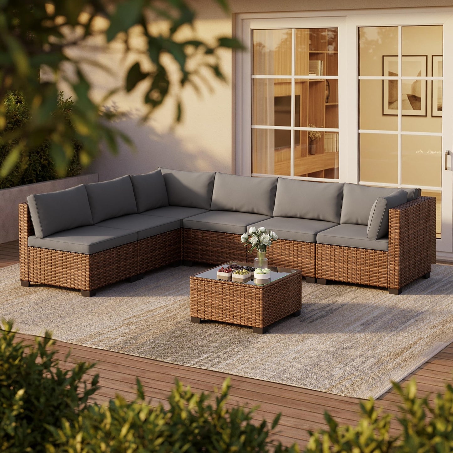 Qsun 7 Pieces Patio Furniture Set, Outdoor Sectional Rattan Sofa Set, Wicker Patio Conversation Set with Cushions and Glass Coffee Table, for Balcony, Porch, Garden, Grey