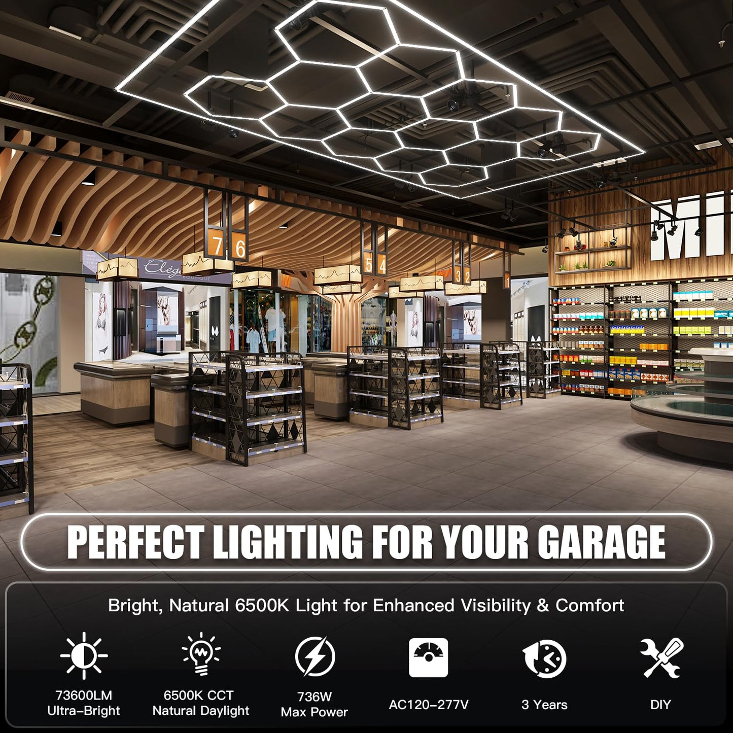JTT Hexagon Garage Lights, 736W 73600LM LED Garage Hexagon Lights,6500K Super Bright Car Detailing Ceiling LED Shop Light for Basement, Warehouse, Auto Beauty Shop, Car Detailing Shop, Gym etc