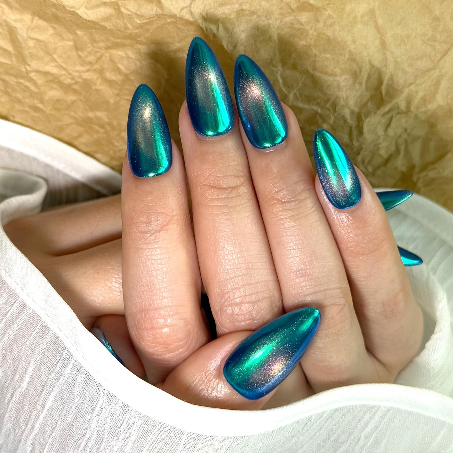Metallic Punk Green Almond Press on Nail Short,Chrome Magic Mirror Effect Green Silvery Fake Nails, 10Pcs Nail Kit for Women and Girls.