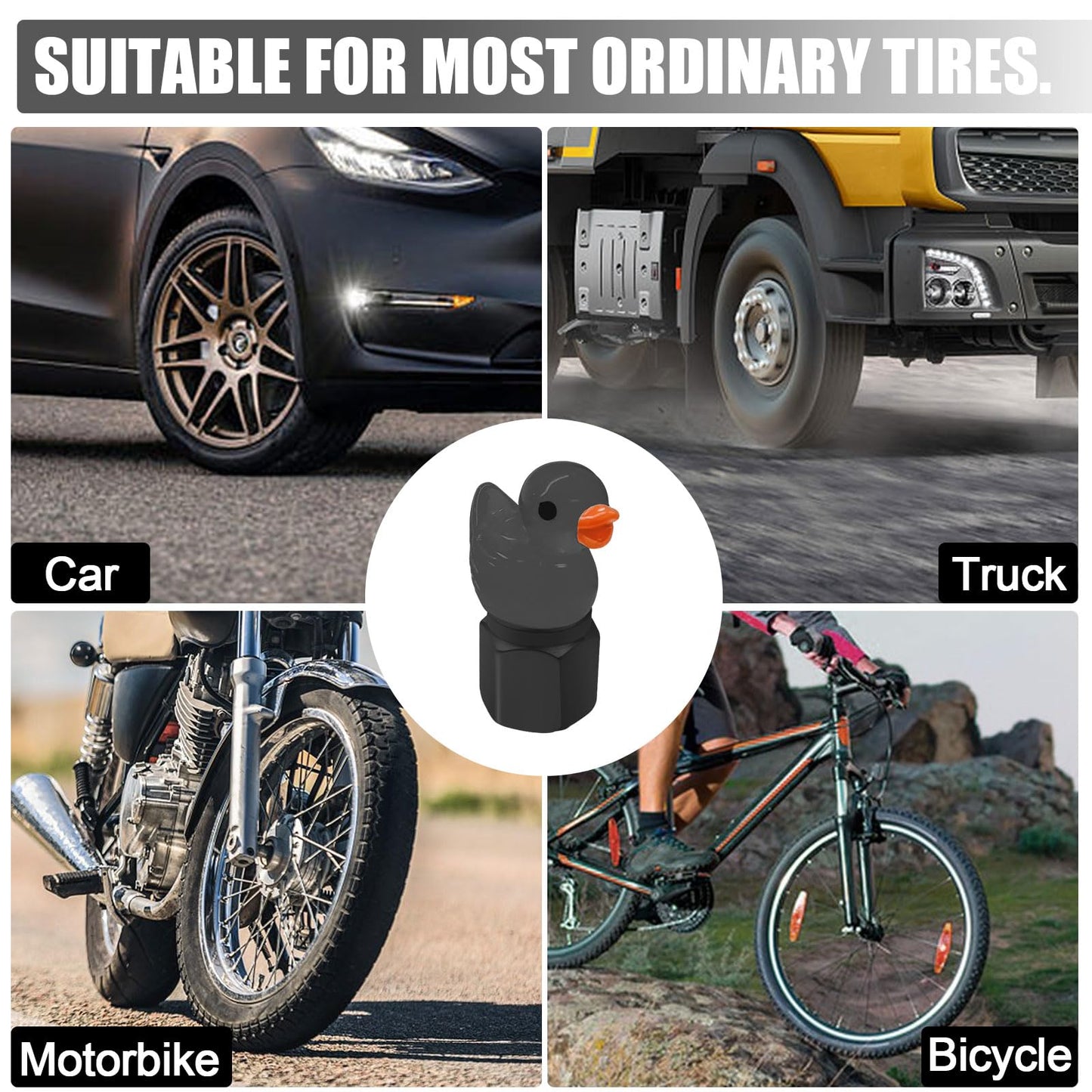 xbrtaia 4 Pack Cute Duck tire Valve caps, Glow in The Dark Tire Valve Caps, Interesting and Practical Tire Decoration, Can be Used for Cars, Motorcycles, Trucks, and Bicycles.(Black)