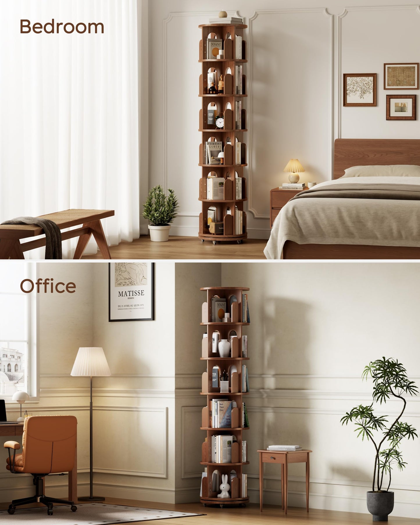 DONGMUWUJEE Solid Wood Rotating Bookshelf Tower, 6 Tier Corner Bookshelf with Bookends, Kids Spinning Book Shelf with Wheels, Revolving Bookcase Shelf, Tall Narrow Bookshelves for Small Spaces, Walnut