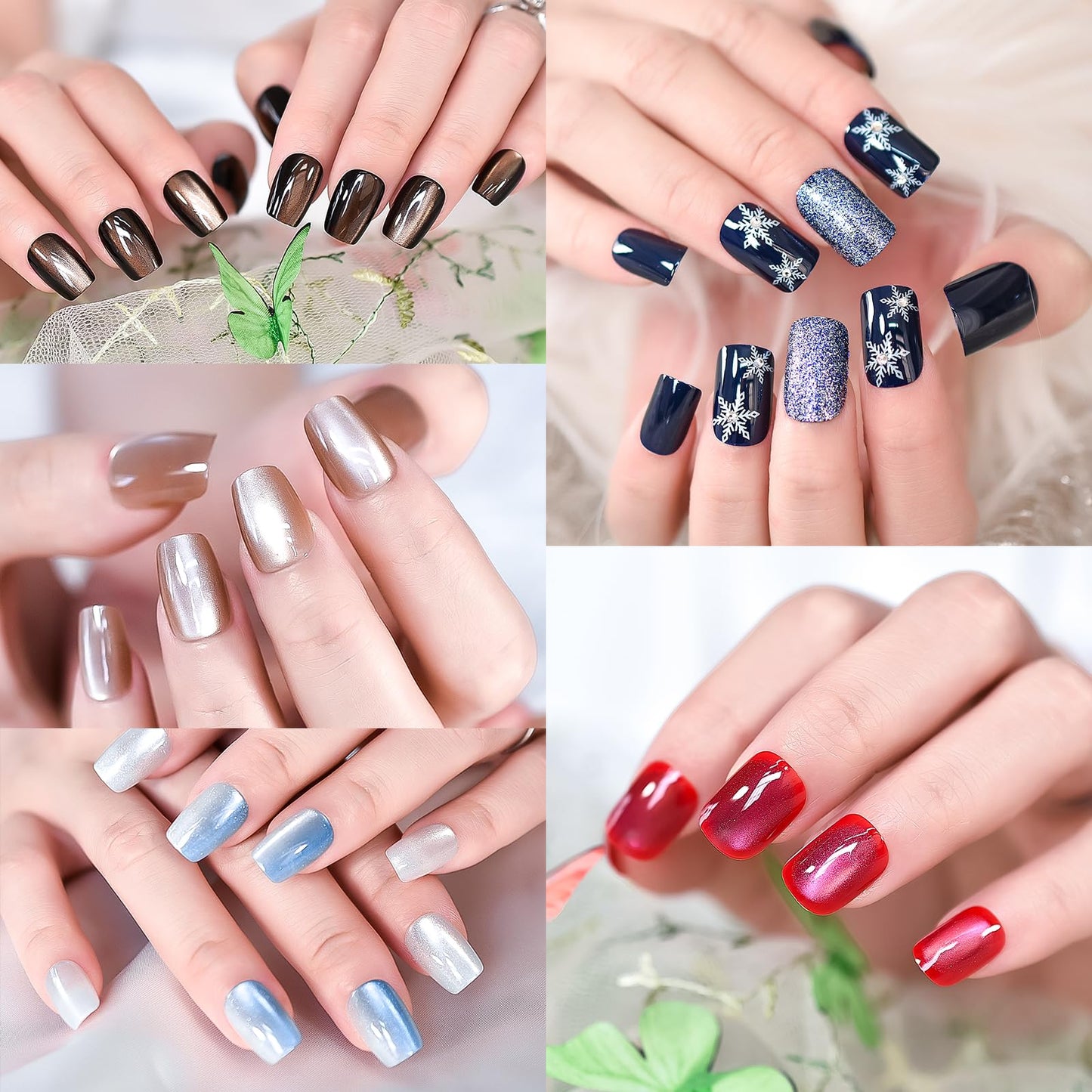ELEVENAIL 5 Packs Shimmery Brown Blue Press on Nails Glossy Cat Eye Gel Nail Art Tips Medium Length Squoval Glitter False Nails Salon Manicure Kits Reusable Acrylic Nails Fake Fingernails