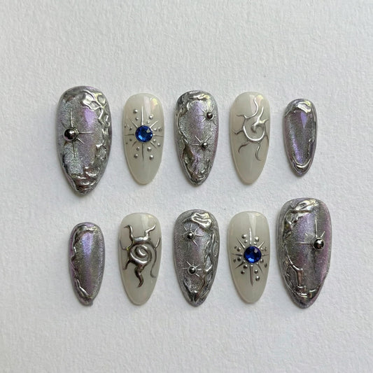 IMRAIN Handmade Press on Nails - Silver Metallic Chrome & Aurora Shiny Design - 10Pcs Almond Shape Y2K Cyberpunk Futuristic Liquid Metal Fake Nails(m)