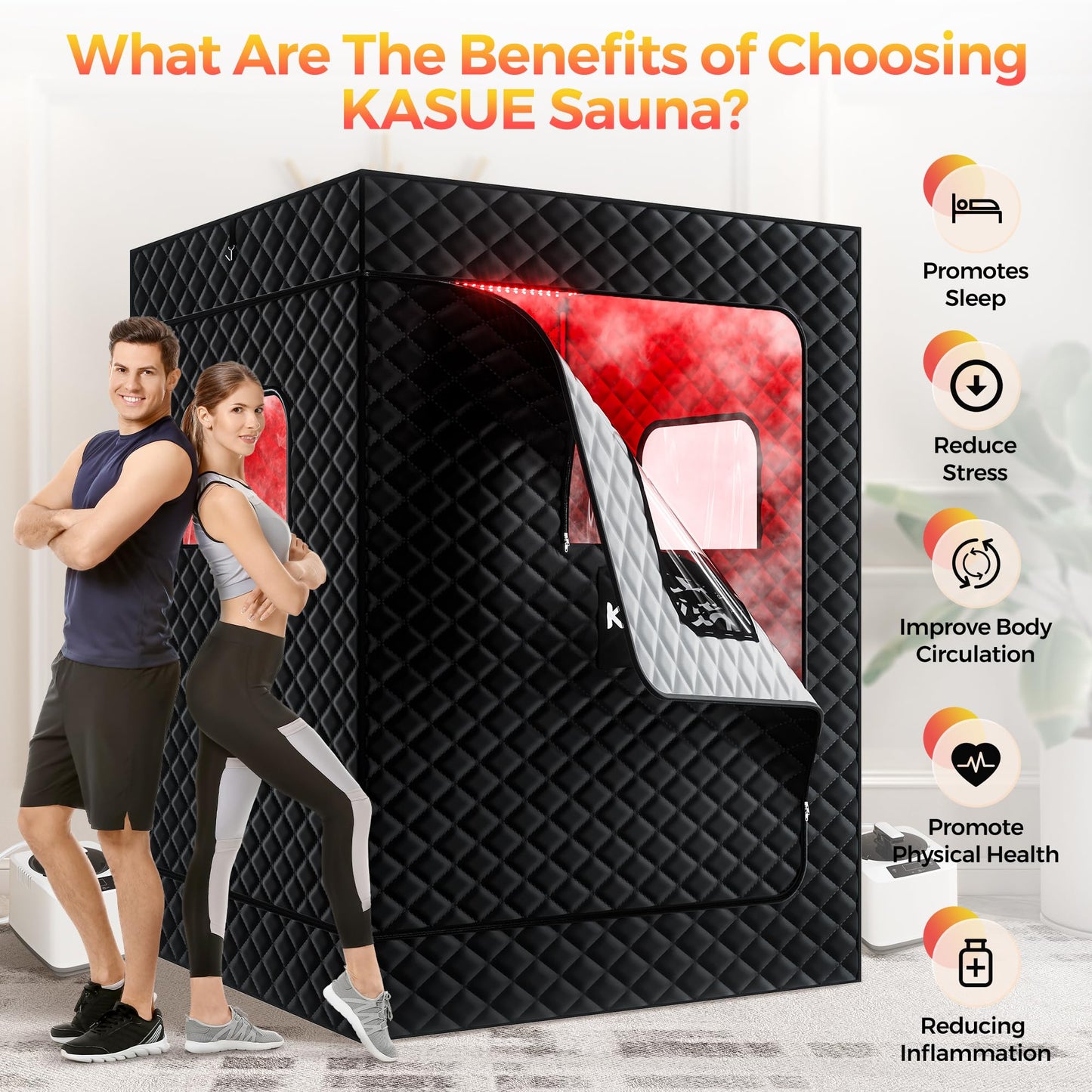 KASUE Upgraded 2 Person Sauna, Portable Infrared Sauna with 5-Layer Waterproof, 2 Steamers, 2 Folding Chair, 71”x 36”x 49” for Indoor, Outdoor, Gym, Spa, Carbon Black