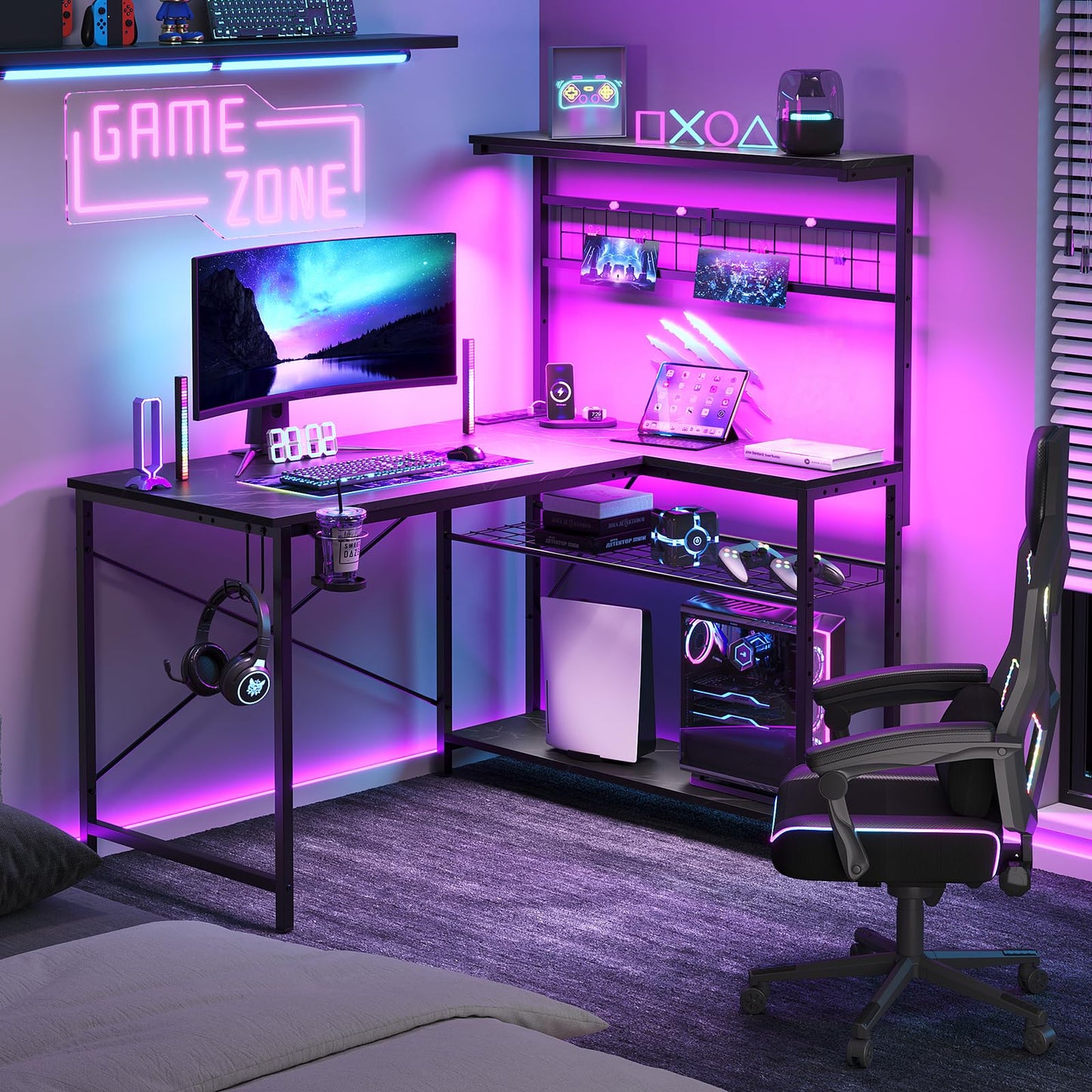 Bestier 42 L Shaped Gaming Desk, Computer Desk with Power Outlets & LED Light, Reversible Corner Desk with Shelves, Home Office Desk with Storage, Black Marble