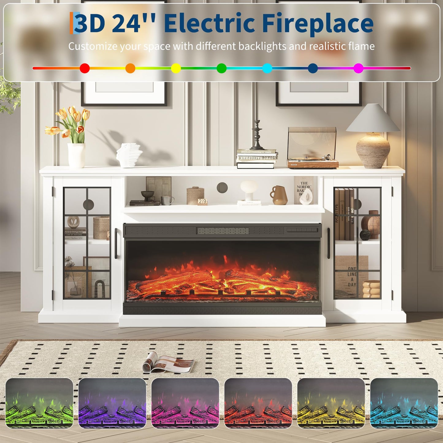 PeakPursuit Fireplace TV Stand, 75'' TV Stand with Fireplace, 40'' Electric Fireplace Insert with Realistic 3D Flame Effect and LED Lights, Entertainment Center with Fireplace, White