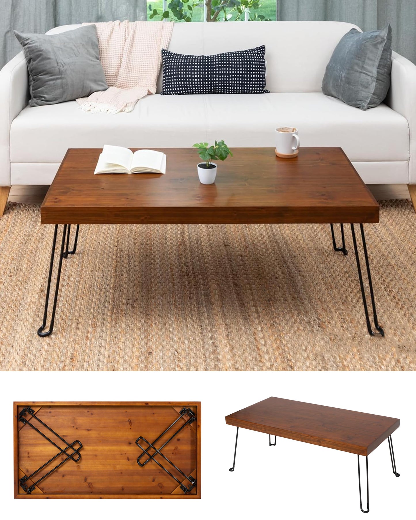 Sleekform Folding Wooden Coffee Table - Collapsible 20x40 Light Wood Mini Desk - Lightweight Foldable Coffee Table for Small Spaces - Fold Up Hairpin Legs - Walnut Wood Finish