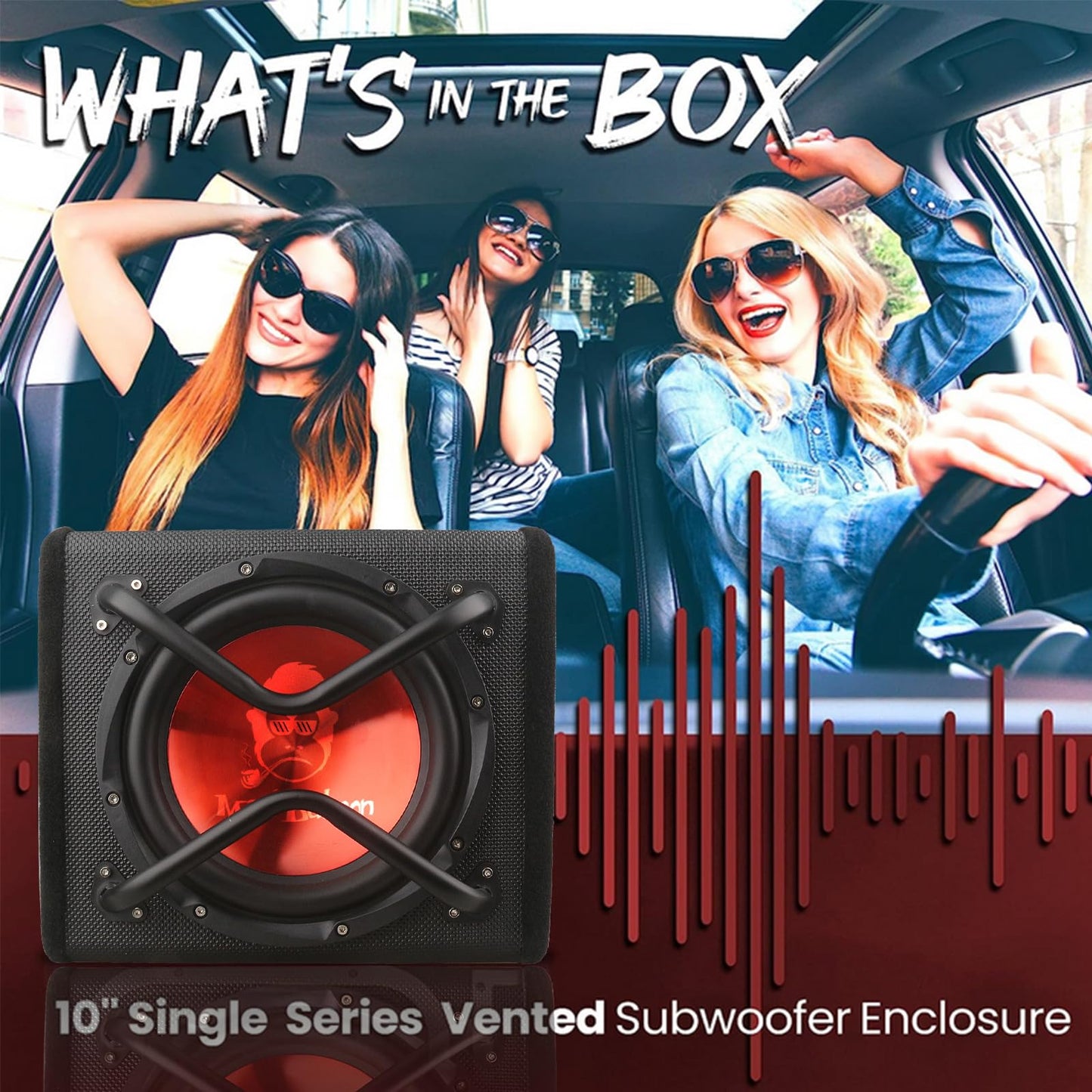 Amazonian cars 10"" 1000W Edition Active Car Subwoofer, Includes Loaded Enclosure with Amplifier (Subwoofer-B), Red