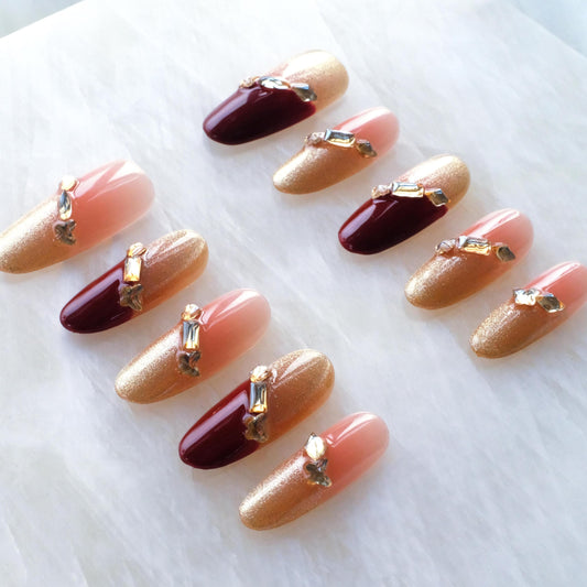 GLORS Press on Nails, Red Cat Eye False Nails with Gold Glitter, long stiletto Shape, 10 Pieces (Small, LS)
