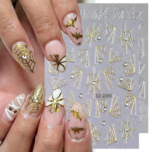 2 Sheets Halloween Nail Stickers for Nail Art 5D Embossed Self-Adhesive Spider Web Nail Art Stickers Black Silver Gold Glitter Spider Web with Diamond Nail Design Halloween Nail Decals for Women Nails
