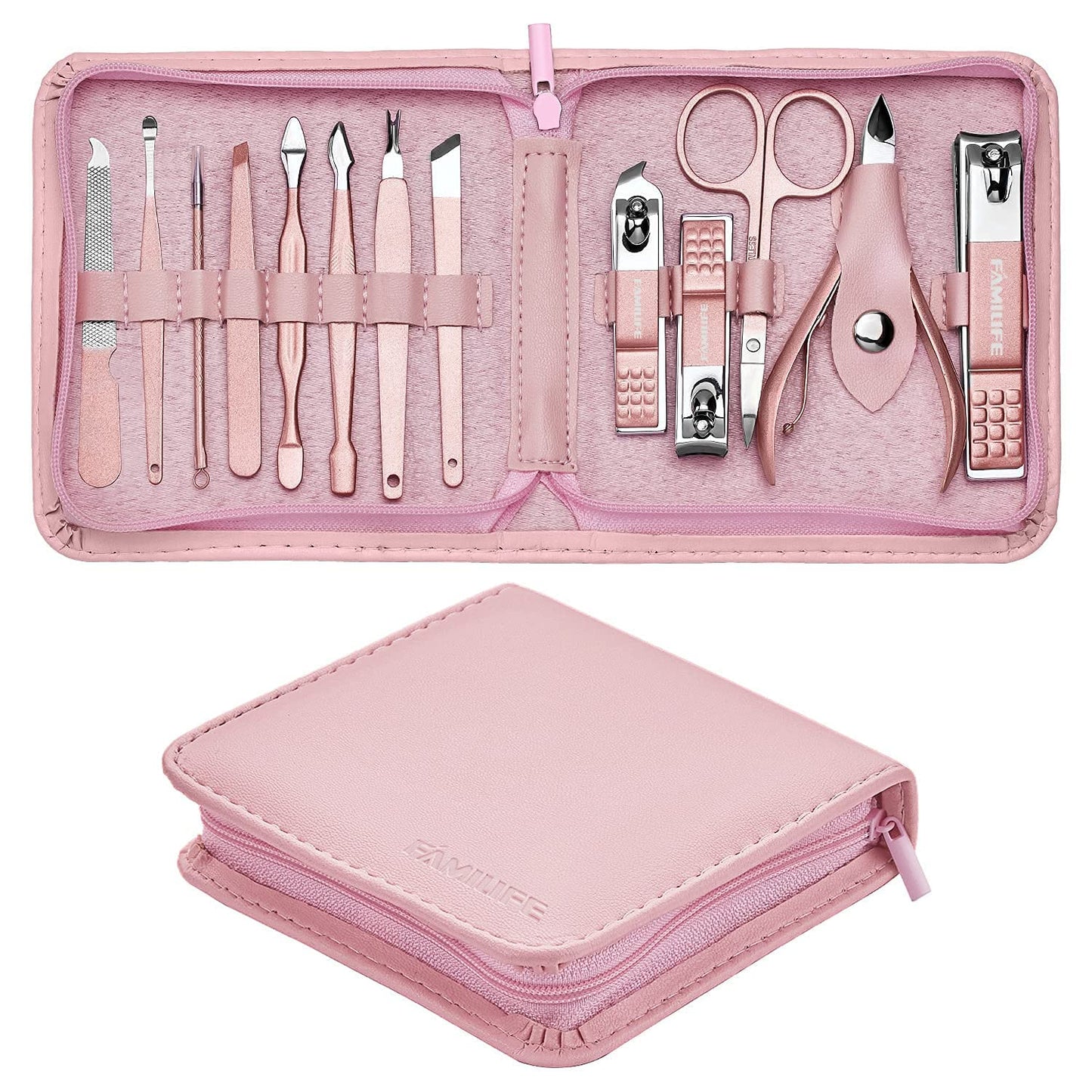 FAMILIFE 13pcs Manicure Set With Rose Gold Professional Grooming Kit Pink Leather Travel Nail Case and 100% Stainless Steel Ingrown Toenail File and Lifter Double Sided with Storage Portable Case