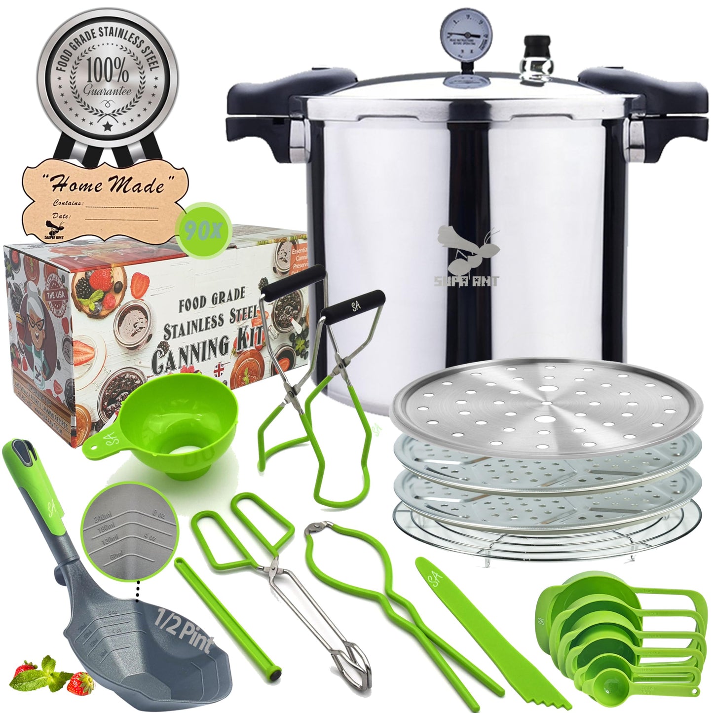 Supa Ant Pressure Canner 23 Qt with Canning Supplies Starter Kit - Canning Pressure Cooker with Gauge - Water Bath Canner Pot with Rack and Lid - Jar Lifter, XL Ladle, Jar Tongs, and Bubble Popper