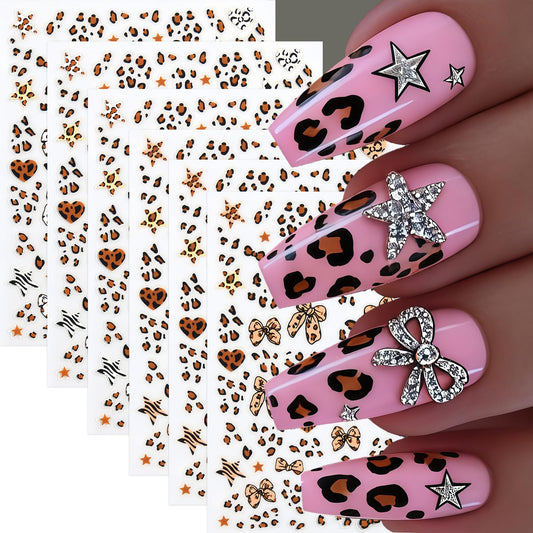 6 Sheets Leopard Print Bow Nail Stickers 3D Self-Adhesive Brown White Bow Tie Nail Decals Cute Bow Star Heart Nail Design Valentines Manicure Accessories Nail Art Stickers for Women Nail Decorations