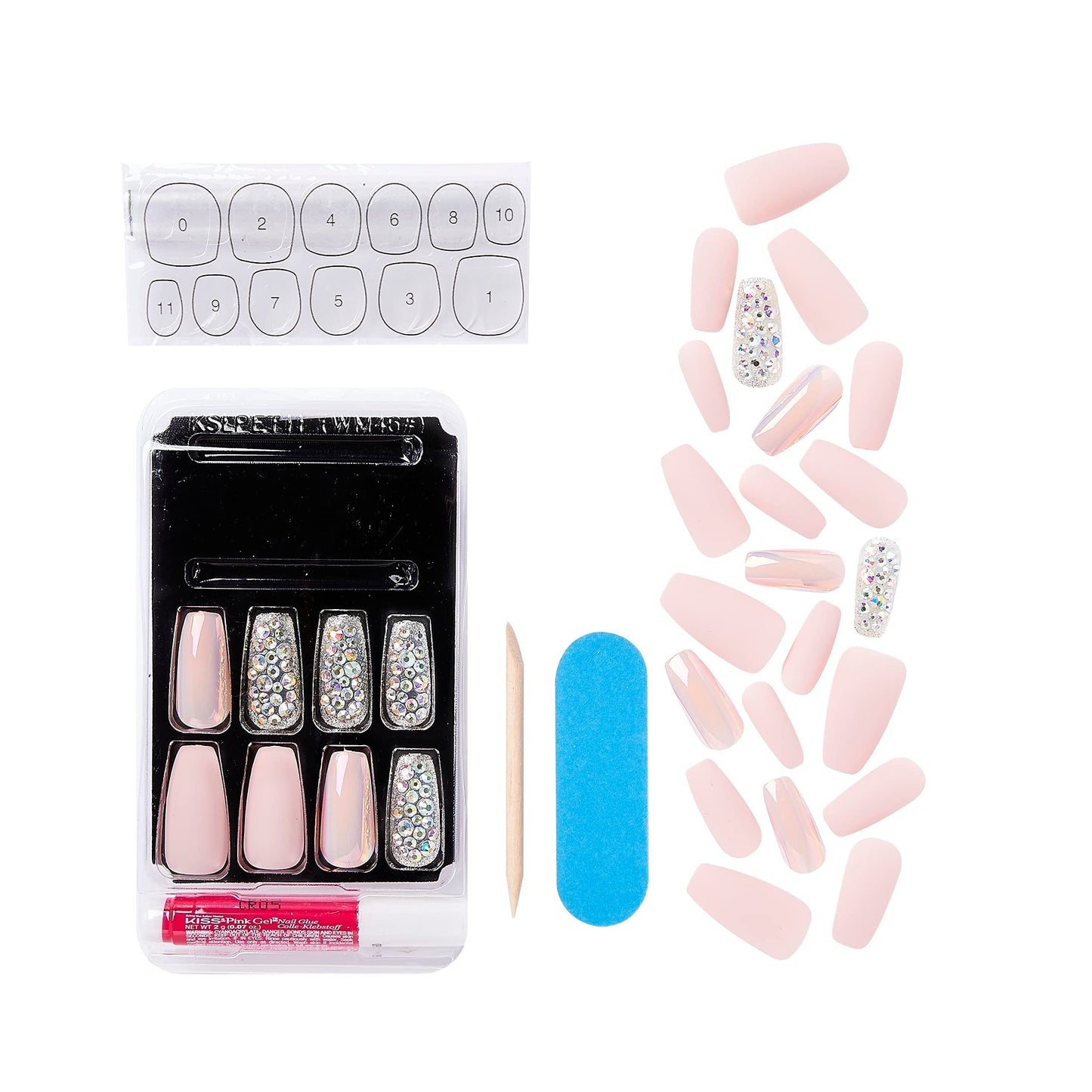 KISS Masterpiece One-Of-A-Kind Luxe Manicure, Premium Acrylic Fake Nails with Pink Gel Nail Glue, Manicure Stick, Mini Nail File, & 30 Glue On Nails Including 12 Accent Nails